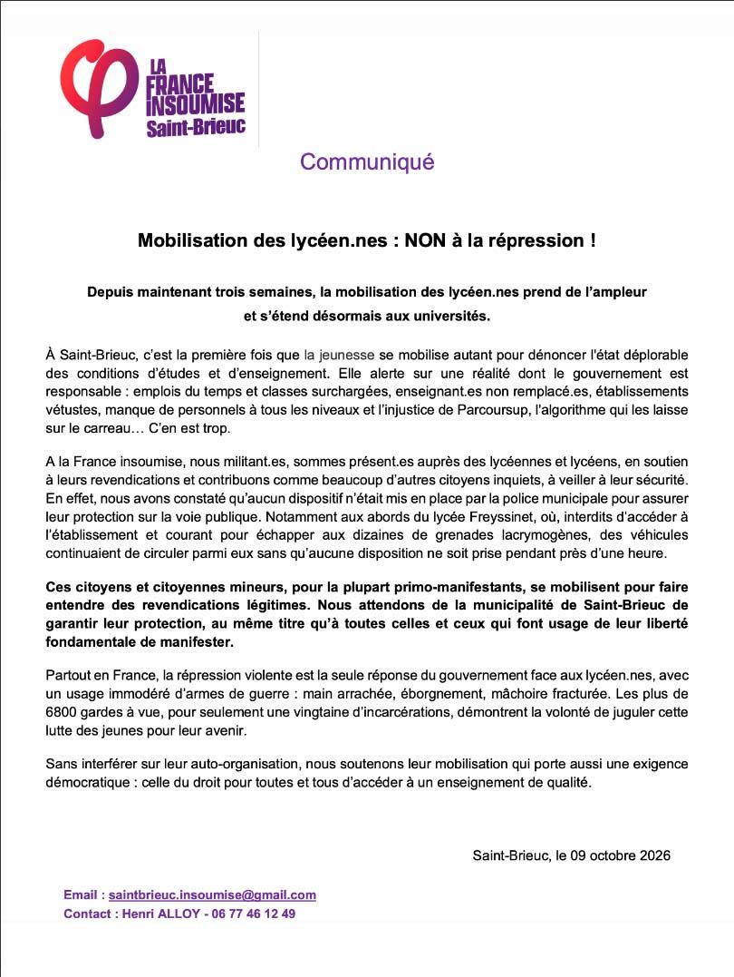 Communique 10 oct soutien lyceens
