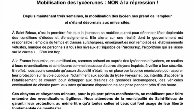 Communique 10 oct soutien lyceens