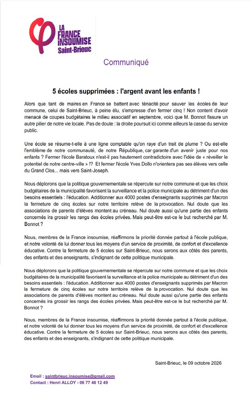 Communique 9 oct fermetures ecoles
